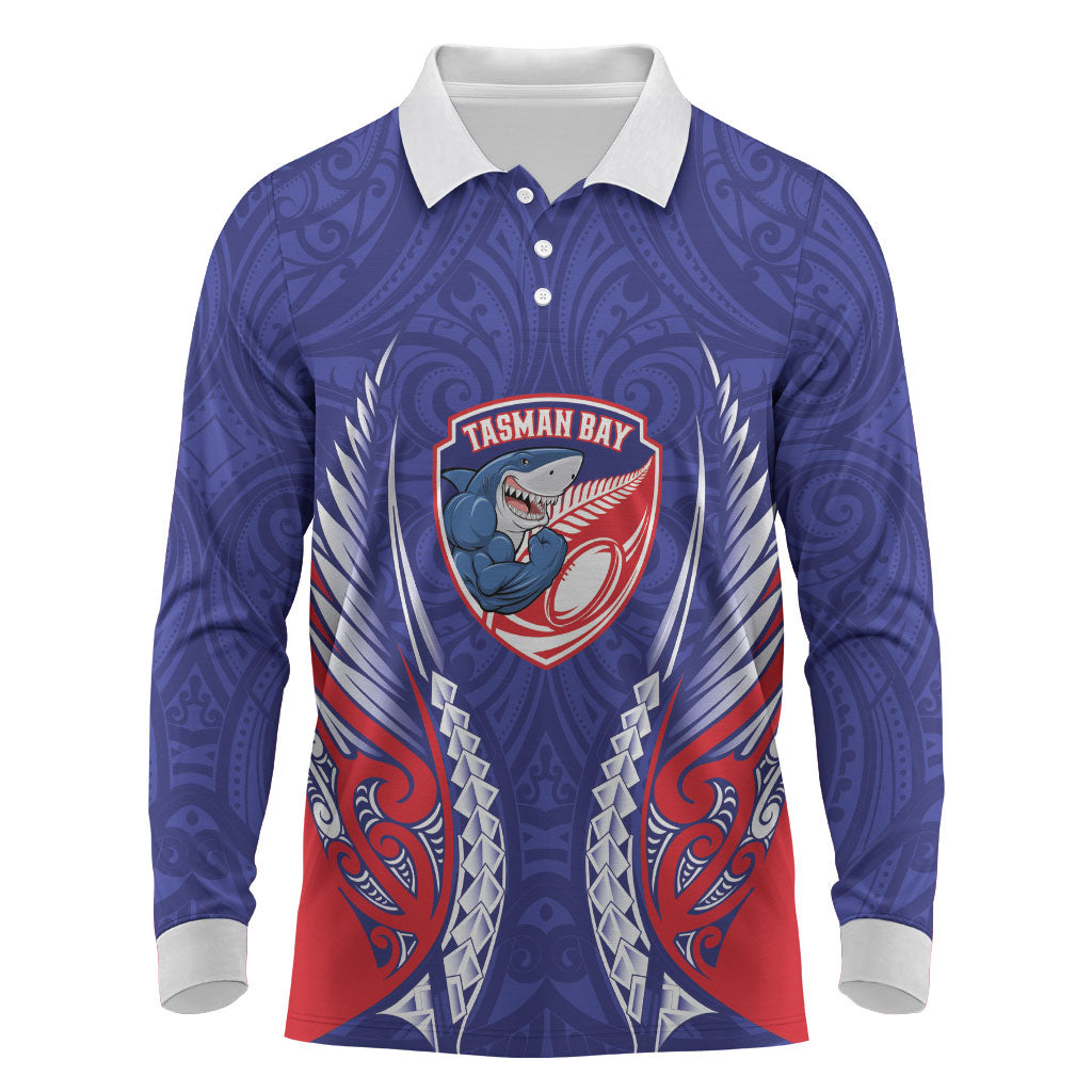 Tasman Bay 2026 Rugby Custom Long Sleeve Polo Shirt NZ Maori Silver Fern LT14 Blue - Polynesian Pride