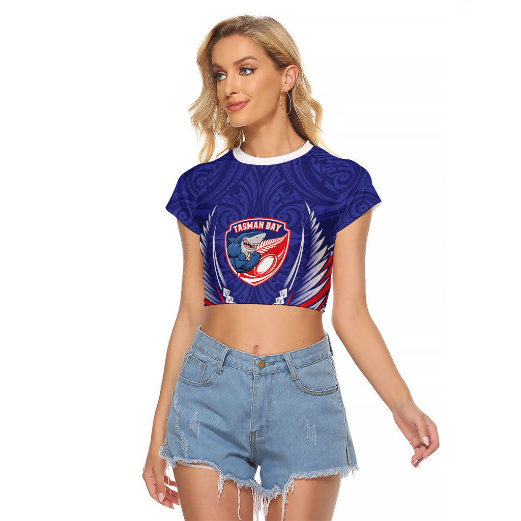 Tasman Bay 2026 Rugby Custom Raglan Cropped T Shirt NZ Maori Silver Fern LT14 Female Blue - Polynesian Pride