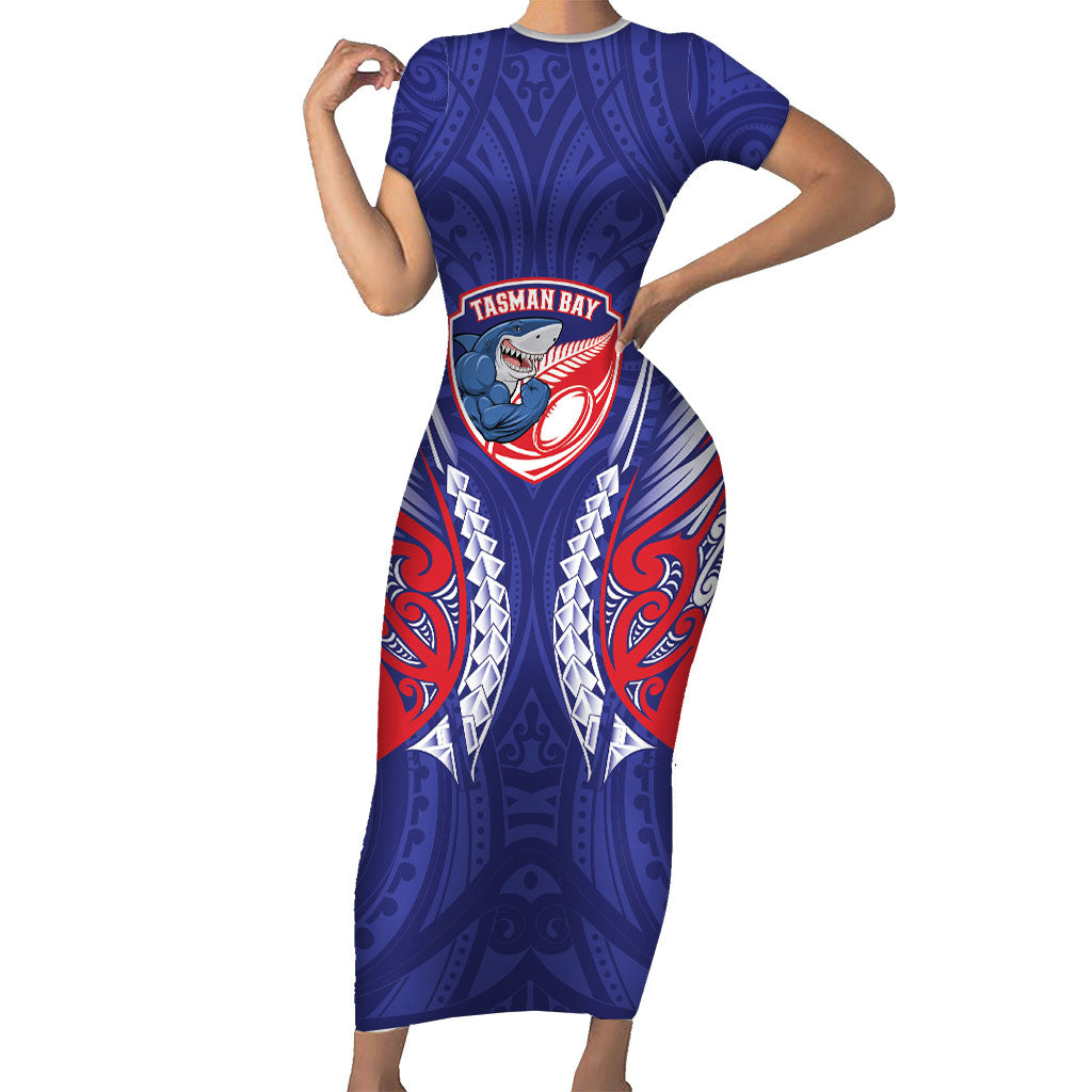 Tasman Bay 2026 Rugby Custom Short Sleeve Bodycon Dress NZ Maori Silver Fern LT14 Long Dress Blue - Polynesian Pride