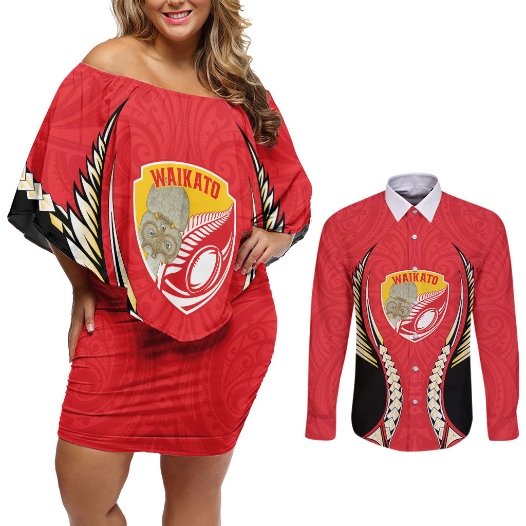 Waikato 2026 Rugby Custom Couples Matching Off Shoulder Short Dress and Long Sleeve Button Shirt NZ Maori Silver Fern LT14 Red - Polynesian Pride