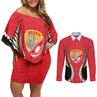 Waikato 2026 Rugby Custom Couples Matching Off Shoulder Short Dress and Long Sleeve Button Shirt NZ Maori Silver Fern LT14 Red - Polynesian Pride