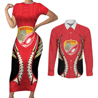 Waikato 2026 Rugby Custom Couples Matching Short Sleeve Bodycon Dress and Long Sleeve Button Shirt NZ Maori Silver Fern LT14 Red - Polynesian Pride