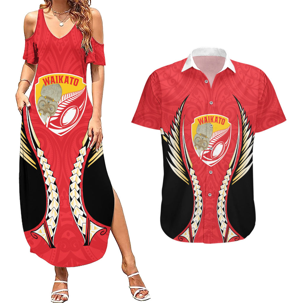 Waikato 2026 Rugby Custom Couples Matching Summer Maxi Dress and Hawaiian Shirt NZ Maori Silver Fern LT14 Red - Polynesian Pride