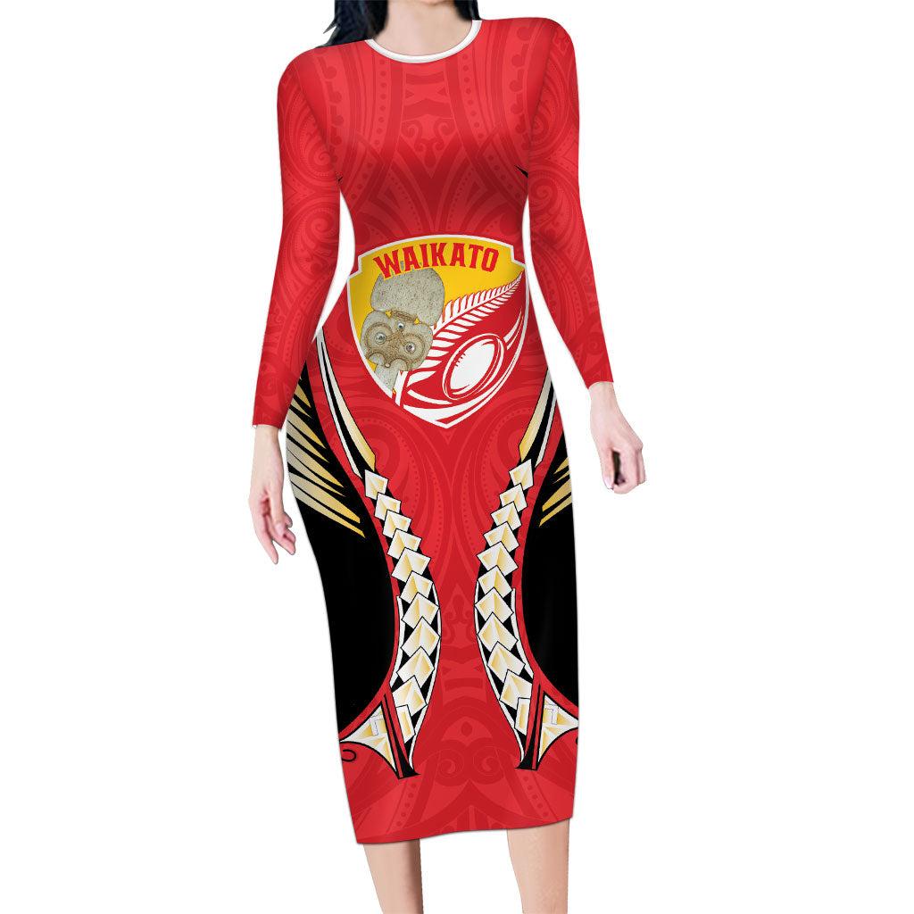 Waikato 2026 Rugby Custom Family Matching Long Sleeve Bodycon Dress and Hawaiian Shirt NZ Maori Silver Fern LT14 Mom's Dress Red - Polynesian Pride