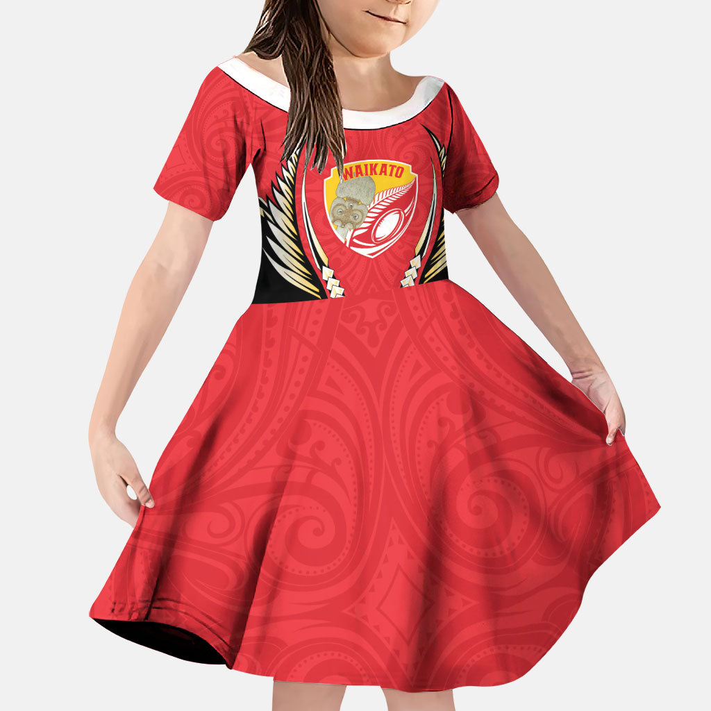 Waikato 2026 Rugby Custom Family Matching Off The Shoulder Long Sleeve Dress and Hawaiian Shirt NZ Maori Silver Fern LT14 Daughter's Dress Red - Polynesian Pride