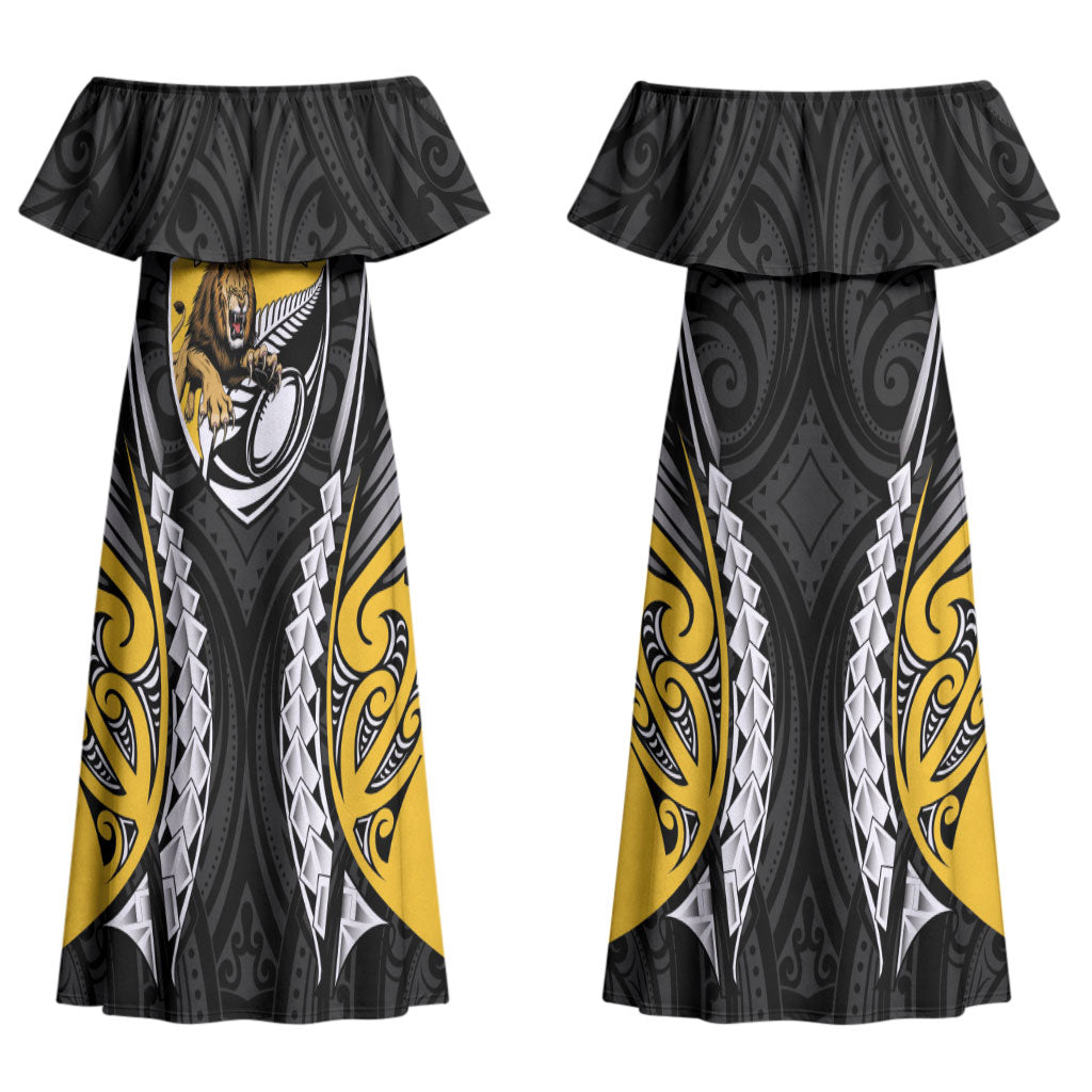 Wellington 2026 Rugby Custom Couples Matching Off Shoulder Maxi Dress and Long Sleeve Button Shirt NZ Maori Silver Fern LT14 - Polynesian Pride