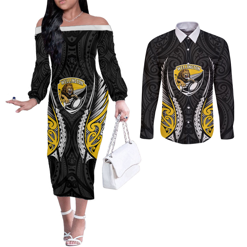 Wellington 2026 Rugby Custom Couples Matching Off The Shoulder Long Sleeve Dress and Long Sleeve Button Shirt NZ Maori Silver Fern LT14 Black - Polynesian Pride