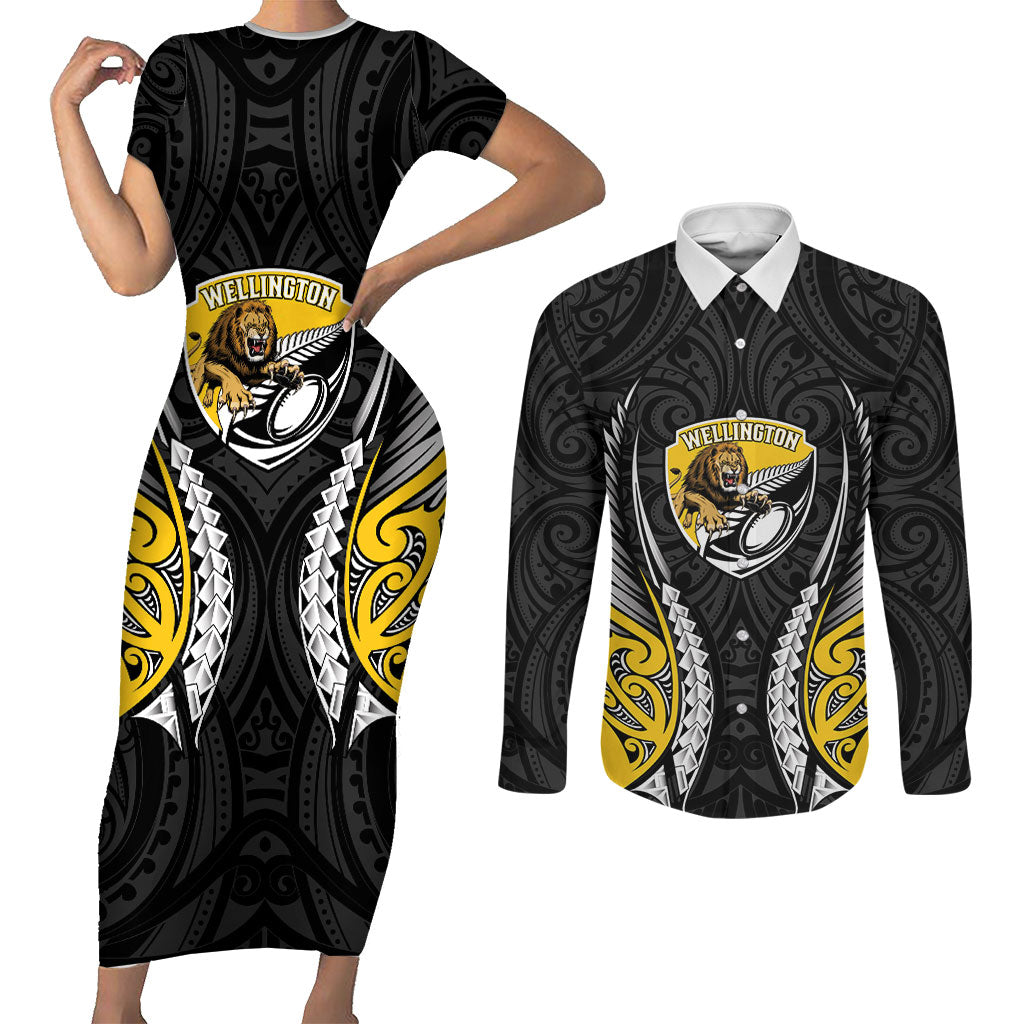 Wellington 2026 Rugby Custom Couples Matching Short Sleeve Bodycon Dress and Long Sleeve Button Shirt NZ Maori Silver Fern LT14 Black - Polynesian Pride