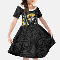 Wellington 2026 Rugby Custom Family Matching Long Sleeve Bodycon Dress and Hawaiian Shirt NZ Maori Silver Fern LT14 Daughter's Dress Black - Polynesian Pride