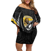 Wellington 2026 Rugby Custom Family Matching Off Shoulder Short Dress and Hawaiian Shirt NZ Maori Silver Fern LT14 Mom's Dress Black - Polynesian Pride