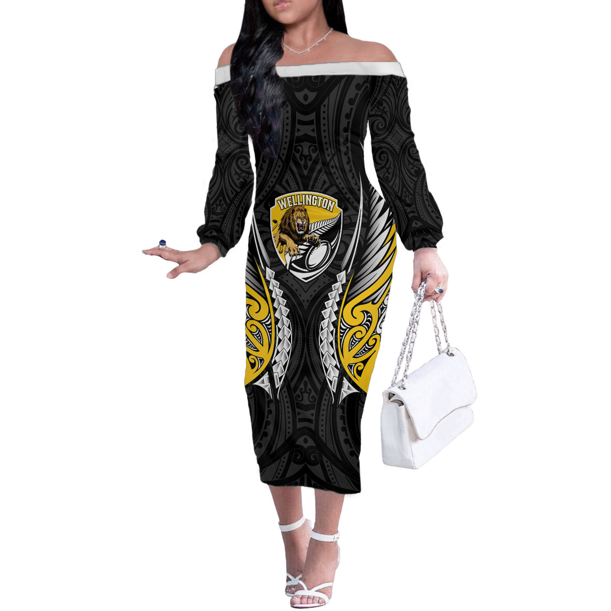 Wellington 2026 Rugby Custom Off The Shoulder Long Sleeve Dress NZ Maori Silver Fern
