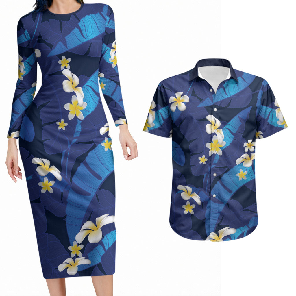 Teal Purple Banana Leaf Hawaii Couples Matching Long Sleeve Bodycon Dress and Hawaiian Shirt Lau Maia Plumeria Tropical Summer Vibes LT14 Teal Purple - Polynesian Pride