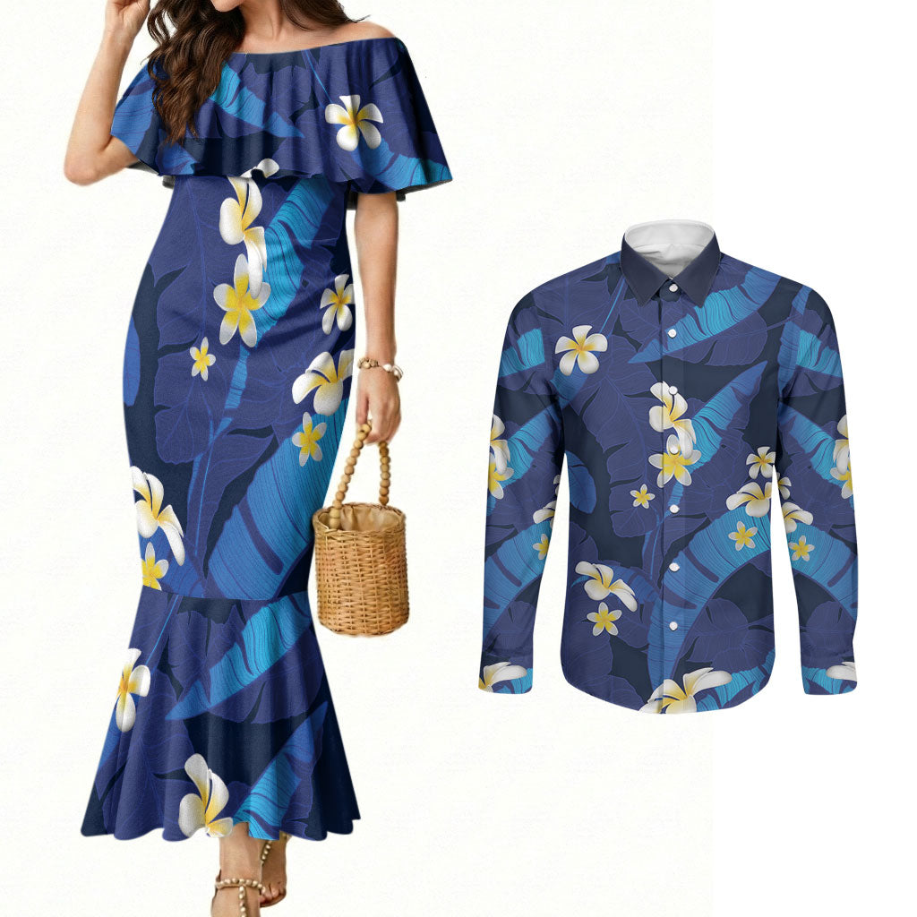 Teal Purple Banana Leaf Hawaii Couples Matching Mermaid Dress and Long Sleeve Button Shirt Lau Maia Plumeria Tropical Summer Vibes LT14 Teal Purple - Polynesian Pride