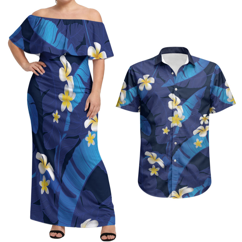 Teal Purple Banana Leaf Hawaii Couples Matching Off Shoulder Maxi Dress and Hawaiian Shirt Lau Maia Plumeria Tropical Summer Vibes LT14 Teal Purple - Polynesian Pride