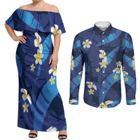 Teal Purple Banana Leaf Hawaii Couples Matching Off Shoulder Maxi Dress and Long Sleeve Button Shirt Lau Maia Plumeria Tropical Summer Vibes LT14 Teal Purple - Polynesian Pride