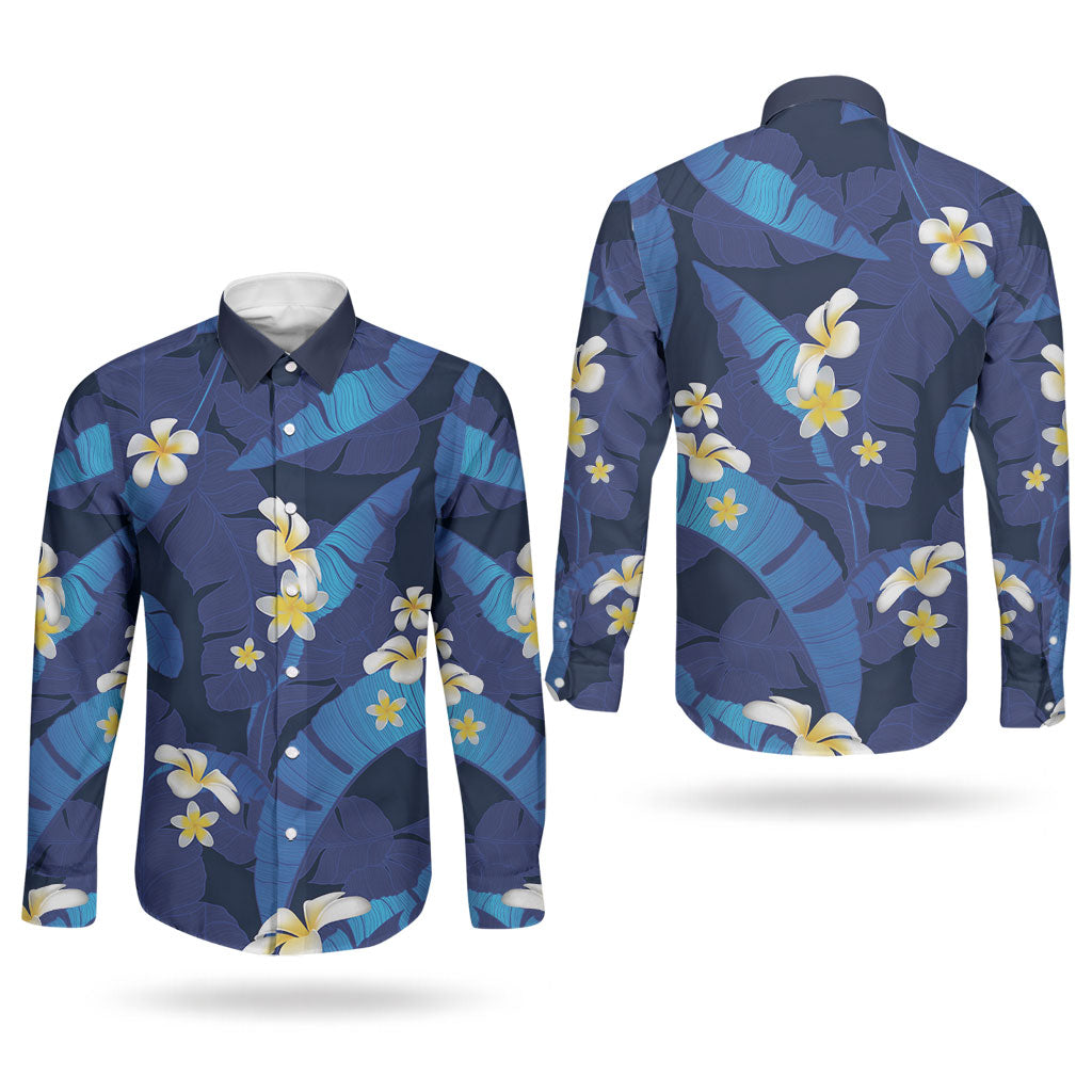 Teal Purple Banana Leaf Hawaii Couples Matching Off Shoulder Maxi Dress and Long Sleeve Button Shirt Lau Maia Plumeria Tropical Summer Vibes LT14 - Polynesian Pride