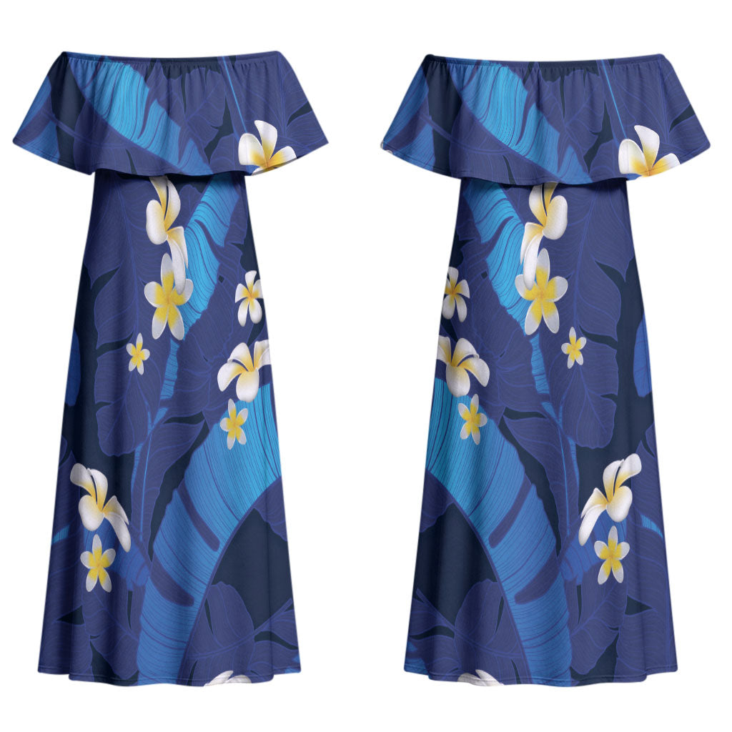 Teal Purple Banana Leaf Hawaii Couples Matching Off Shoulder Maxi Dress and Long Sleeve Button Shirt Lau Maia Plumeria Tropical Summer Vibes LT14 - Polynesian Pride