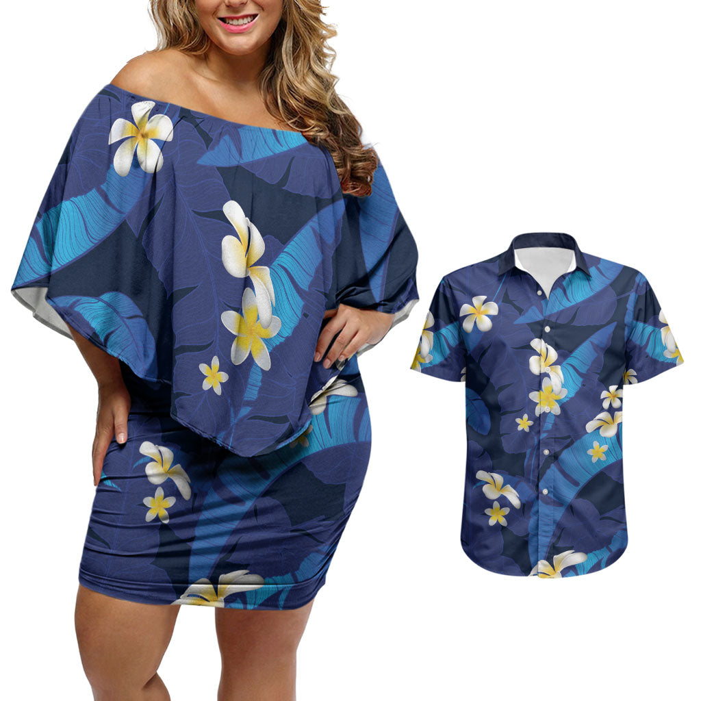 Teal Purple Banana Leaf Hawaii Couples Matching Off Shoulder Short Dress and Hawaiian Shirt Lau Maia Plumeria Tropical Summer Vibes LT14 Teal Purple - Polynesian Pride