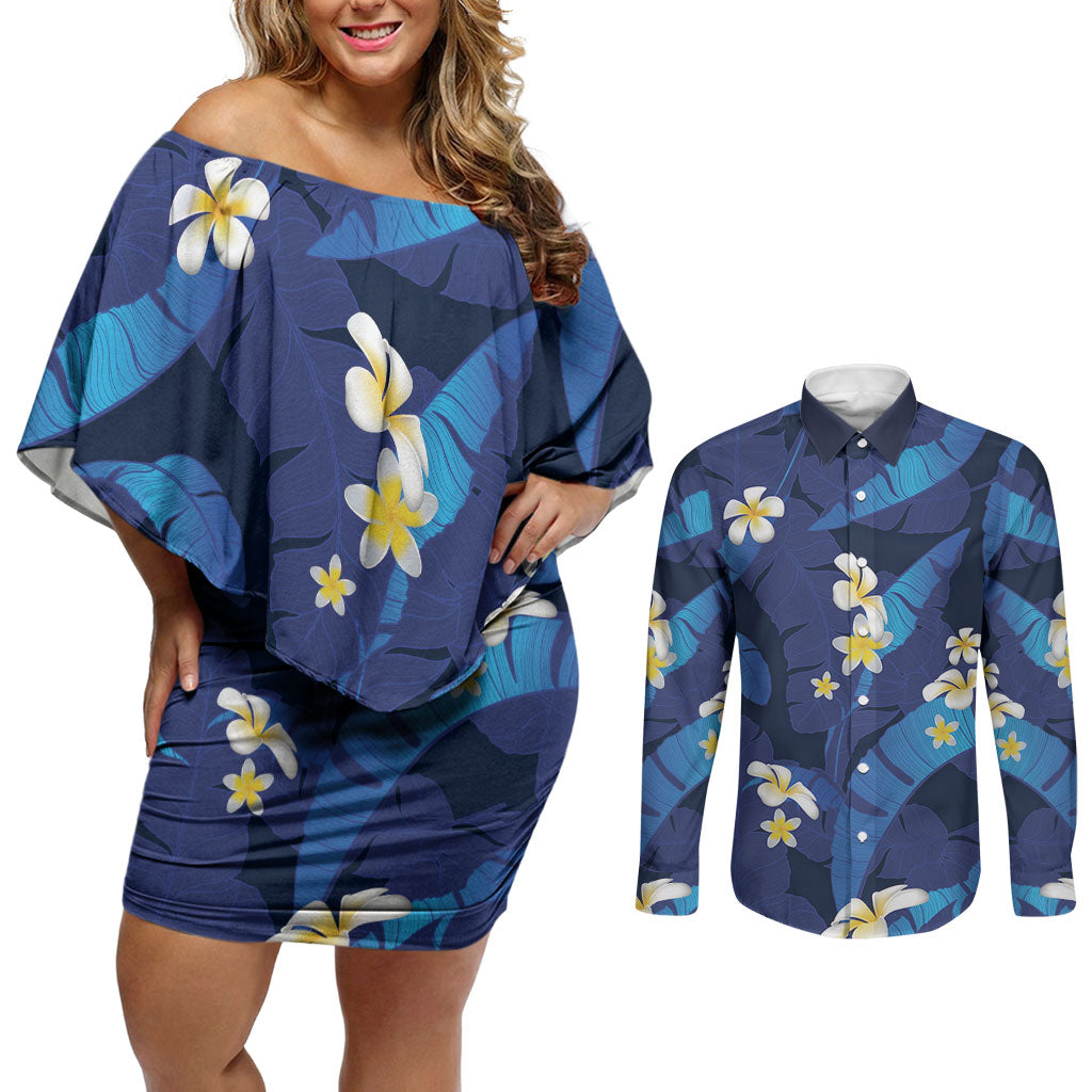 Teal Purple Banana Leaf Hawaii Couples Matching Off Shoulder Short Dress and Long Sleeve Button Shirt Lau Maia Plumeria Tropical Summer Vibes LT14 Teal Purple - Polynesian Pride