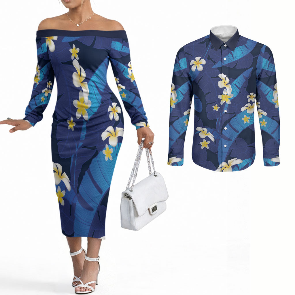Teal Purple Banana Leaf Hawaii Couples Matching Off The Shoulder Long Sleeve Dress and Long Sleeve Button Shirt Lau Maia Plumeria Tropical Summer Vibes LT14 Teal Purple - Polynesian Pride