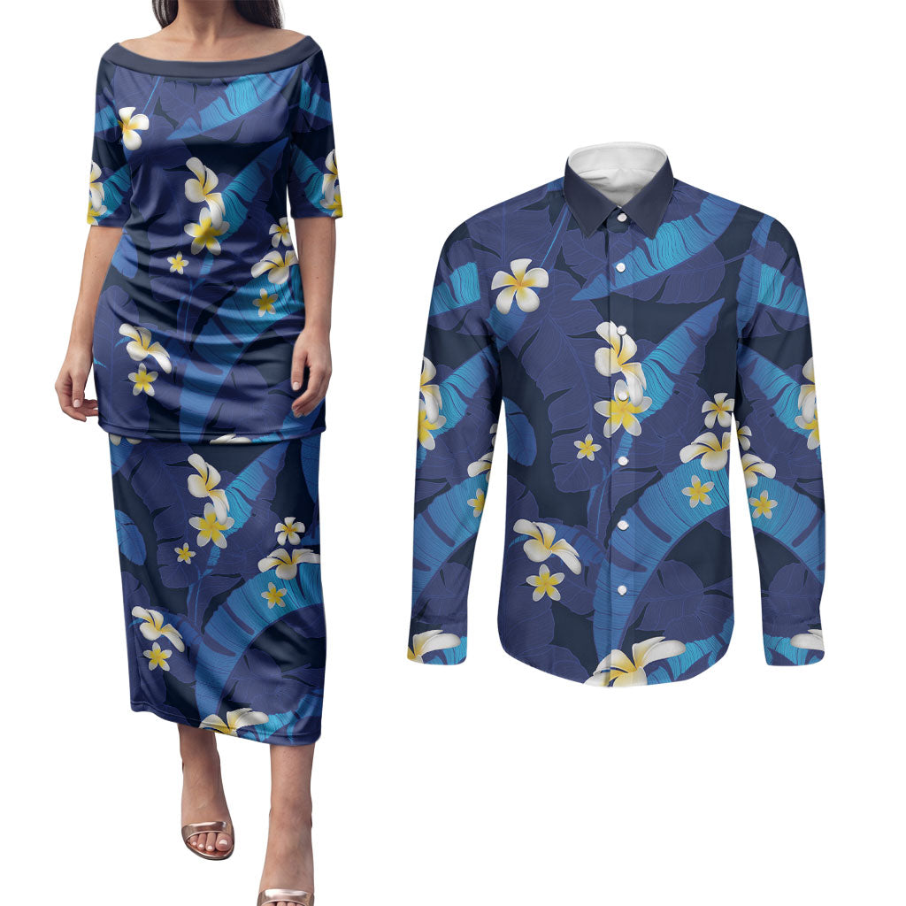 Teal Purple Banana Leaf Hawaii Couples Matching Puletasi and Long Sleeve Button Shirt Lau Maia Plumeria Tropical Summer Vibes LT14 Teal Purple - Polynesian Pride