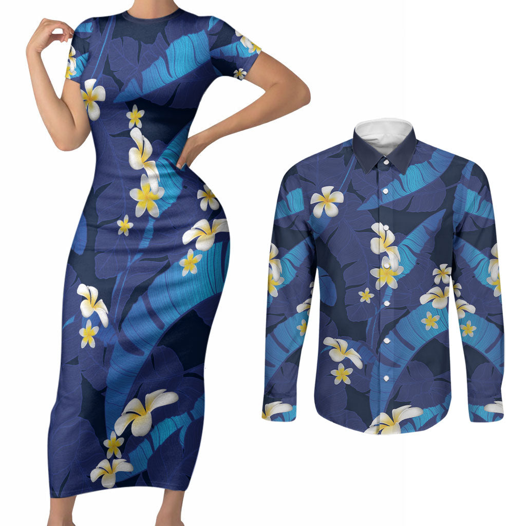 Teal Purple Banana Leaf Hawaii Couples Matching Short Sleeve Bodycon Dress and Long Sleeve Button Shirt Lau Maia Plumeria Tropical Summer Vibes LT14 Teal Purple - Polynesian Pride