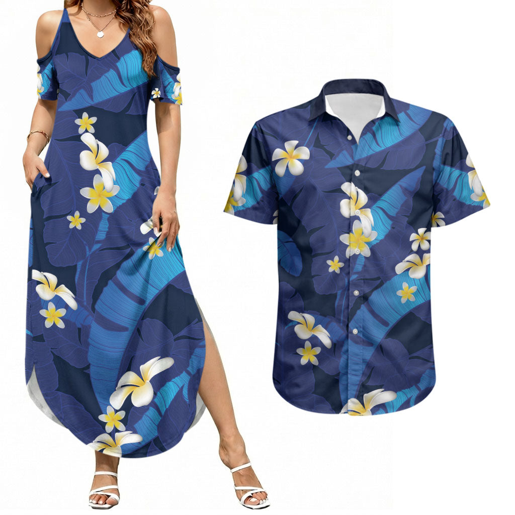 Teal Purple Banana Leaf Hawaii Couples Matching Summer Maxi Dress and Hawaiian Shirt Lau Maia Plumeria Tropical Summer Vibes LT14 Teal Purple - Polynesian Pride