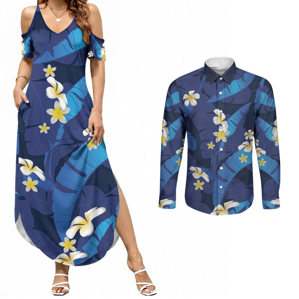 Teal Purple Banana Leaf Hawaii Couples Matching Summer Maxi Dress and Long Sleeve Button Shirt Lau Maia Plumeria Tropical Summer Vibes LT14 Teal Purple - Polynesian Pride