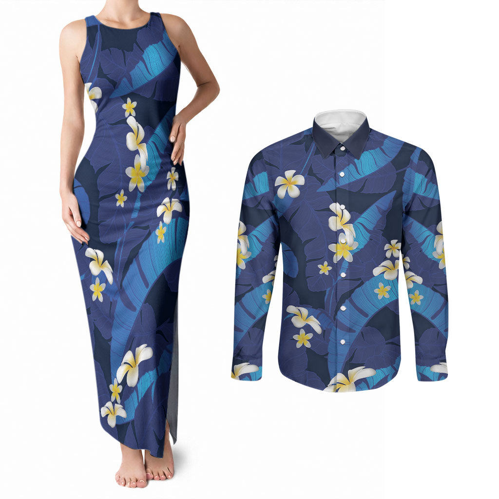Teal Purple Banana Leaf Hawaii Couples Matching Tank Maxi Dress and Long Sleeve Button Shirt Lau Maia Plumeria Tropical Summer Vibes LT14 Teal Purple - Polynesian Pride