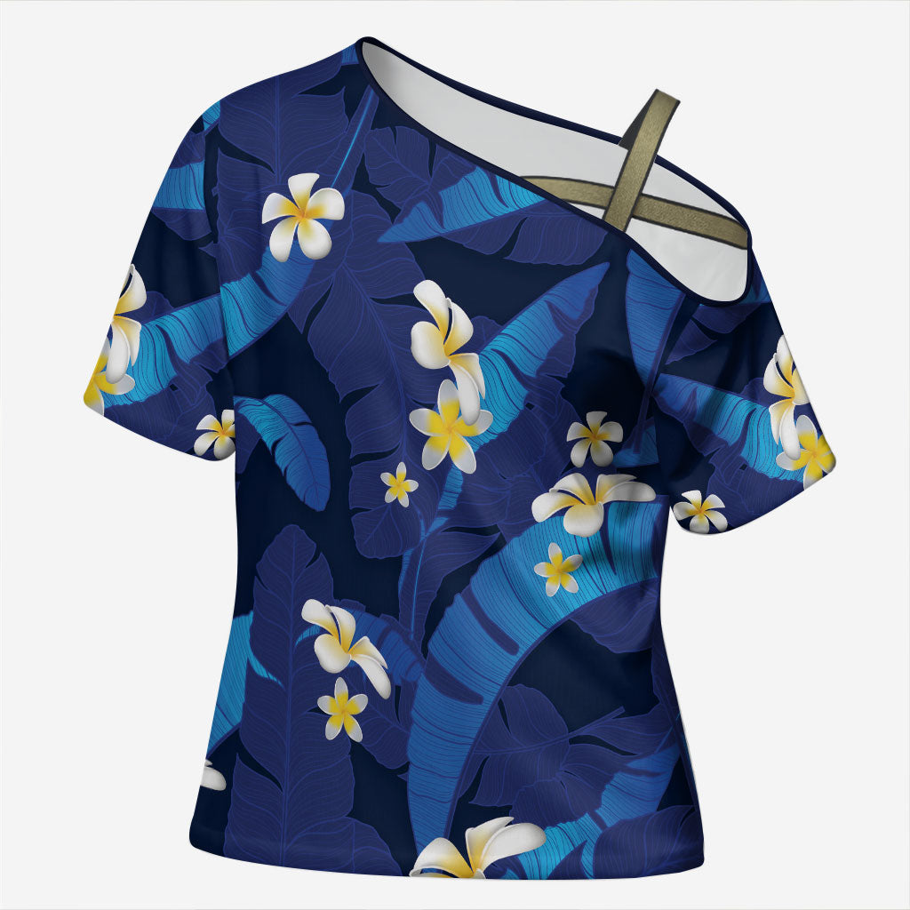 Teal Purple Banana Leaf Hawaii Cross Shoulder Shirt Lau Maia Plumeria Tropical Summer Vibes LT14 Female Teal Purple - Polynesian Pride