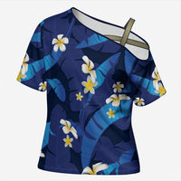 Teal Purple Banana Leaf Hawaii Cross Shoulder Shirt Lau Maia Plumeria Tropical Summer Vibes LT14 Female Teal Purple - Polynesian Pride