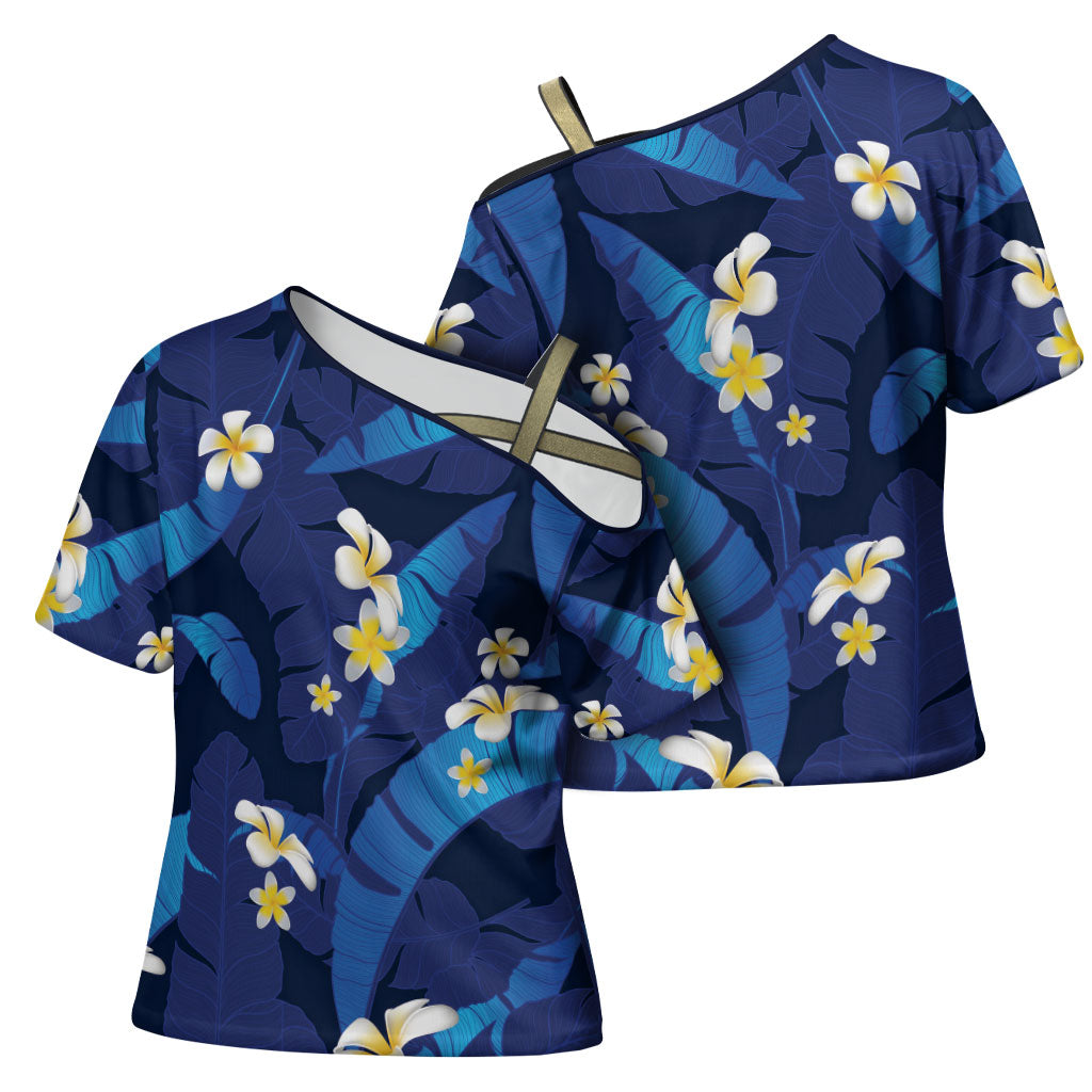 Teal Purple Banana Leaf Hawaii Cross Shoulder Shirt Lau Maia Plumeria Tropical Summer Vibes LT14 - Polynesian Pride