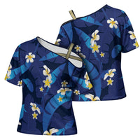 Teal Purple Banana Leaf Hawaii Cross Shoulder Shirt Lau Maia Plumeria Tropical Summer Vibes LT14 - Polynesian Pride