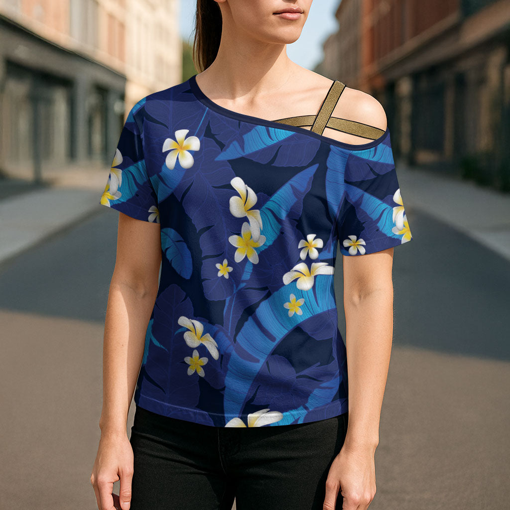 Teal Purple Banana Leaf Hawaii Cross Shoulder Shirt Lau Maia Plumeria Tropical Summer Vibes LT14 - Polynesian Pride