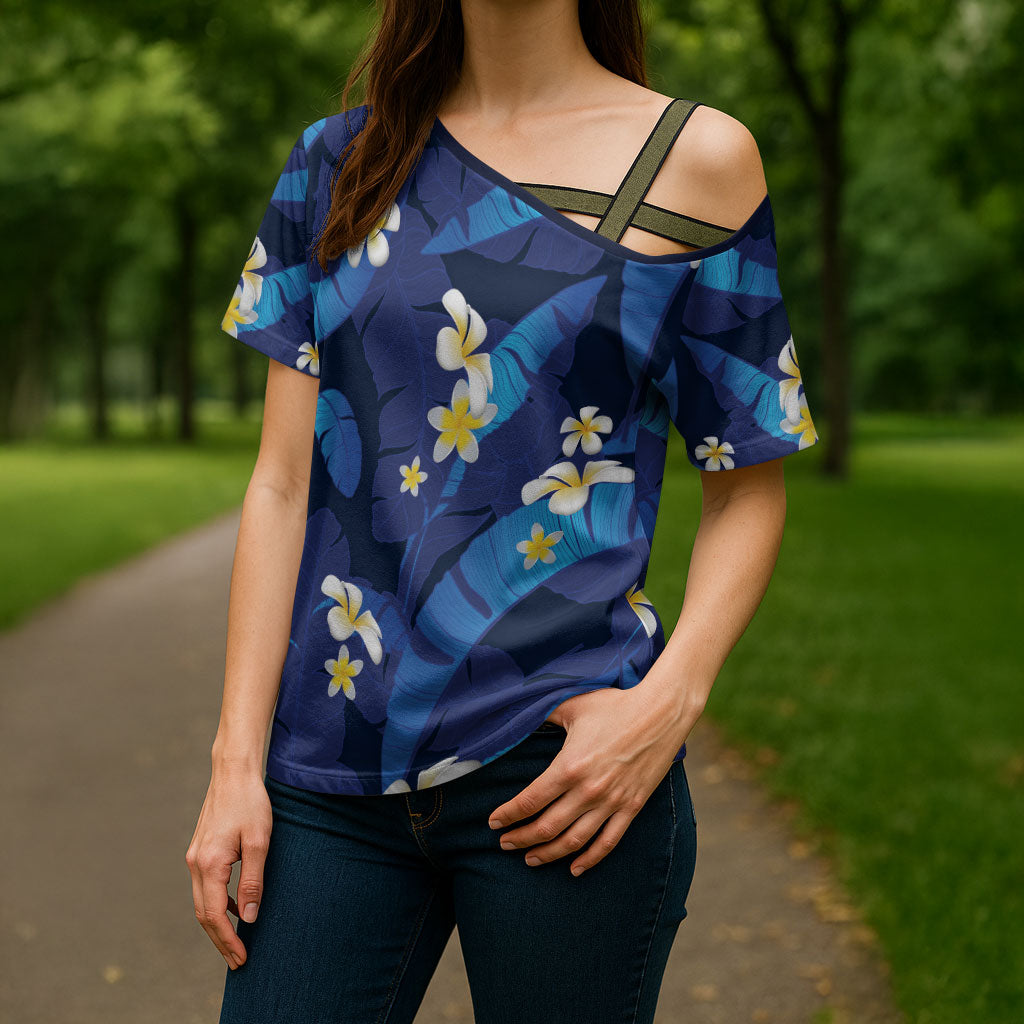 Teal Purple Banana Leaf Hawaii Cross Shoulder Shirt Lau Maia Plumeria Tropical Summer Vibes LT14 - Polynesian Pride