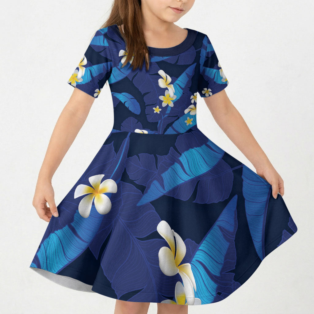 Teal Purple Banana Leaf Hawaii Kid Short Sleeve Dress Lau Maia Plumeria Tropical Summer Vibes LT14 KID Teal Purple - Polynesian Pride