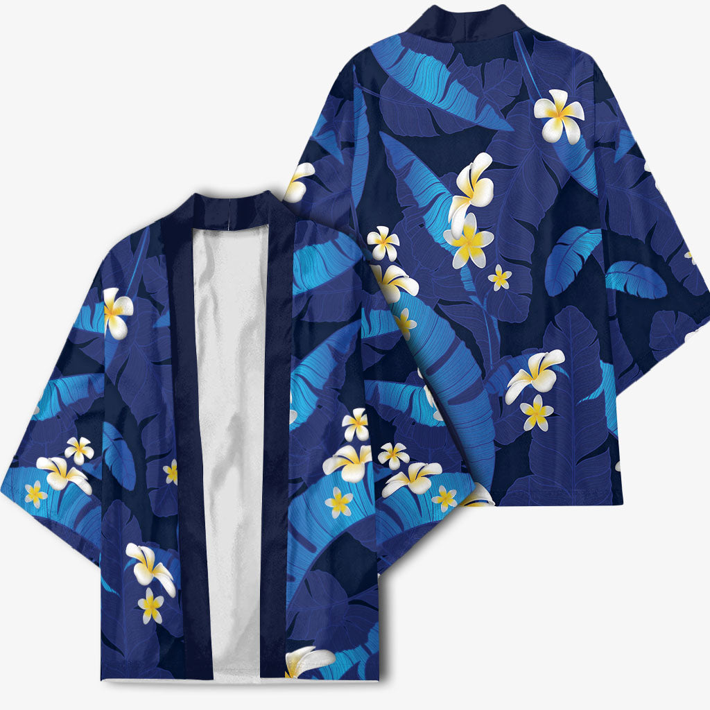 Teal Purple Banana Leaf Hawaii Kimono Lau Maia Plumeria Tropical Summer Vibes LT14 - Polynesian Pride