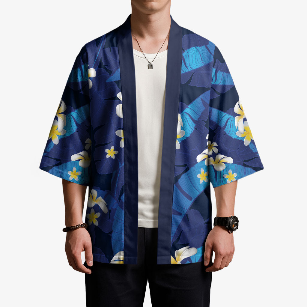Teal Purple Banana Leaf Hawaii Kimono Lau Maia Plumeria Tropical Summer Vibes LT14 - Polynesian Pride