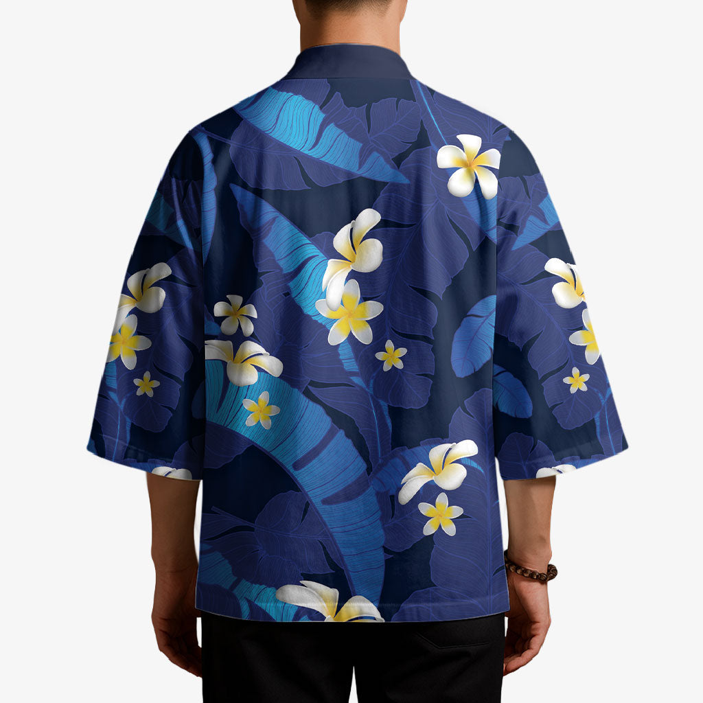 Teal Purple Banana Leaf Hawaii Kimono Lau Maia Plumeria Tropical Summer Vibes LT14 - Polynesian Pride