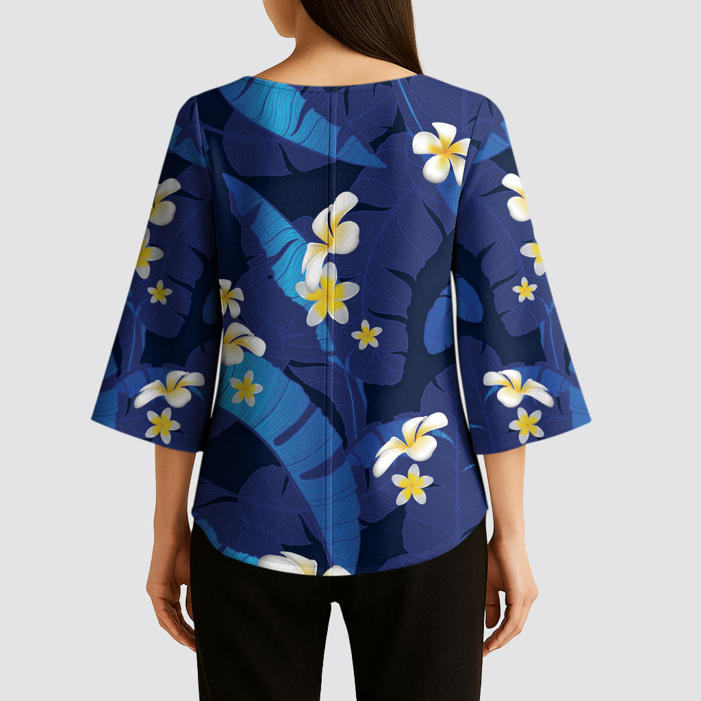 Teal Purple Banana Leaf Hawaii Kimono Sleeve Blouse Lau Maia Plumeria Tropical Summer Vibes LT14 - Polynesian Pride