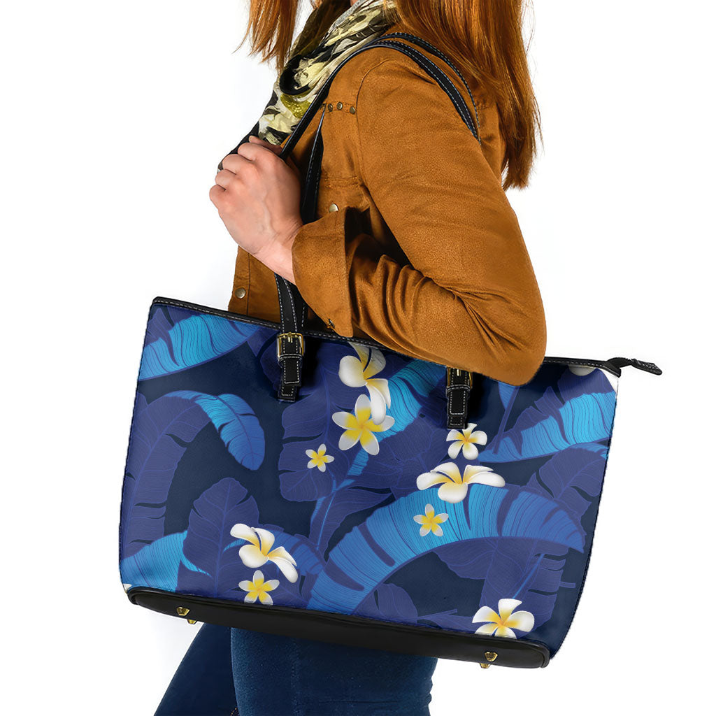 Teal Purple Banana Leaf Hawaii Leather Tote Bag Lau Maia Plumeria Tropical Summer Vibes LT14 Teal Purple - Polynesian Pride