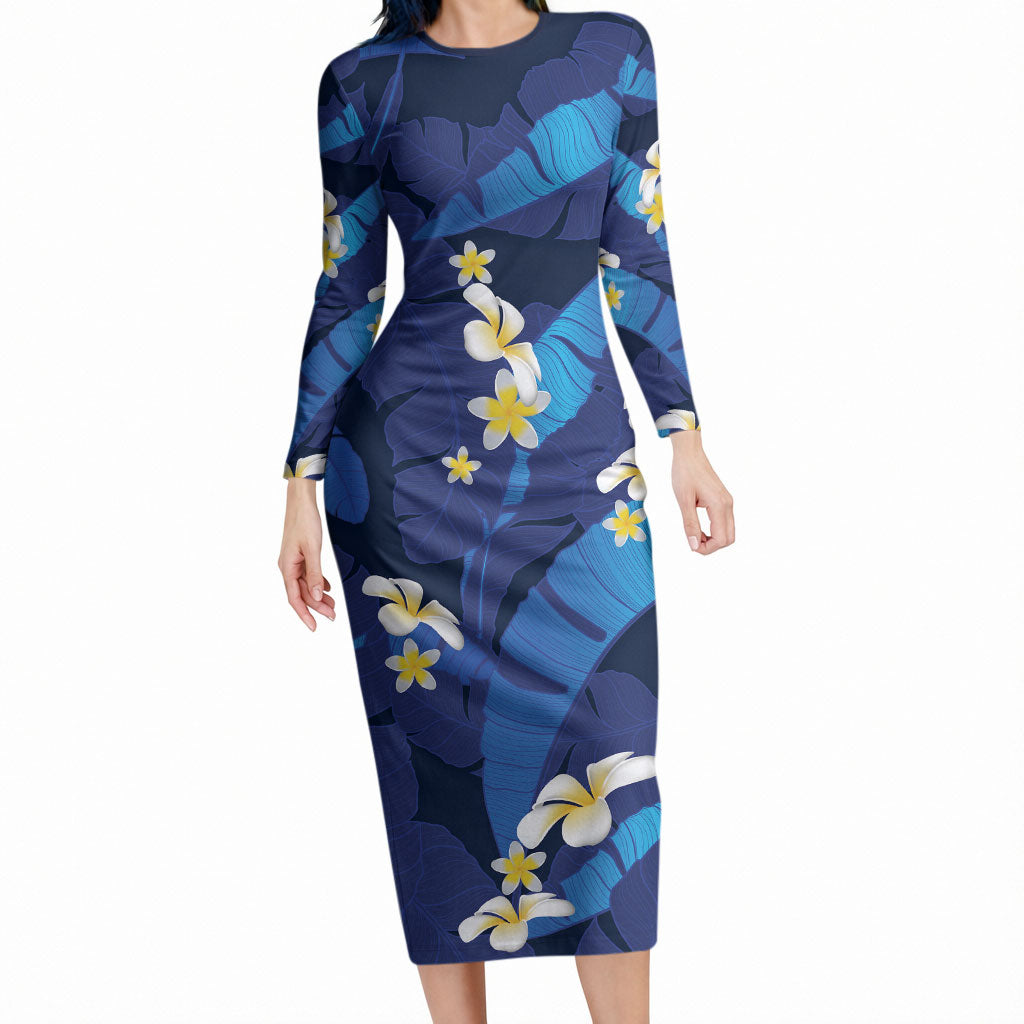 Teal Purple Banana Leaf Hawaii Long Sleeve Bodycon Dress Lau Maia Plumeria Tropical Summer Vibes LT14 Long Dress Teal Purple - Polynesian Pride
