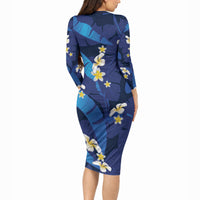 Teal Purple Banana Leaf Hawaii Long Sleeve Bodycon Dress Lau Maia Plumeria Tropical Summer Vibes LT14 - Polynesian Pride