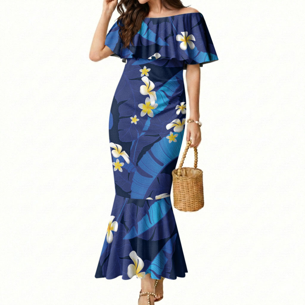 Teal Purple Banana Leaf Hawaii Mermaid Dress Lau Maia Plumeria Tropical Summer Vibes LT14 Women Teal Purple - Polynesian Pride