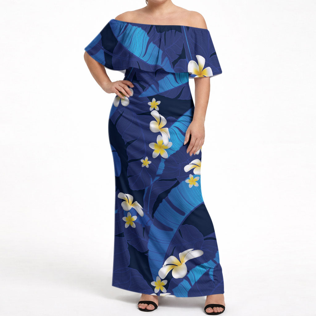 Teal Purple Banana Leaf Hawaii Off Shoulder Maxi Dress Lau Maia Plumeria Tropical Summer Vibes LT14 Women Teal Purple - Polynesian Pride