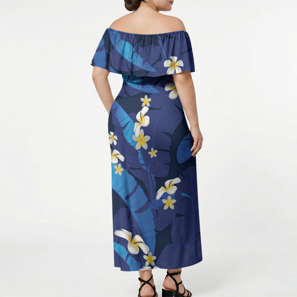 Teal Purple Banana Leaf Hawaii Off Shoulder Maxi Dress Lau Maia Plumeria Tropical Summer Vibes LT14 - Polynesian Pride