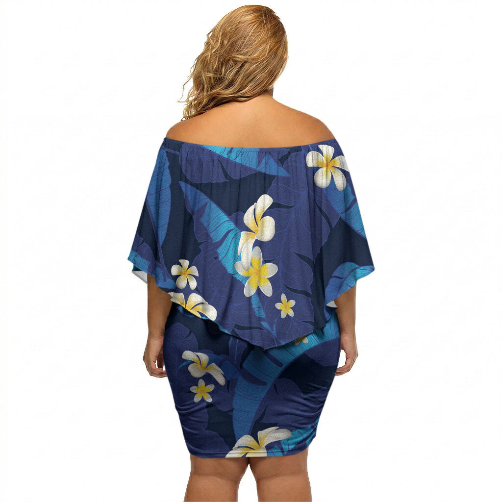 Teal Purple Banana Leaf Hawaii Off Shoulder Short Dress Lau Maia Plumeria Tropical Summer Vibes LT14 - Polynesian Pride