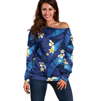 Teal Purple Banana Leaf Hawaii Off Shoulder Sweater Lau Maia Plumeria Tropical Summer Vibes LT14 Women Teal Purple - Polynesian Pride
