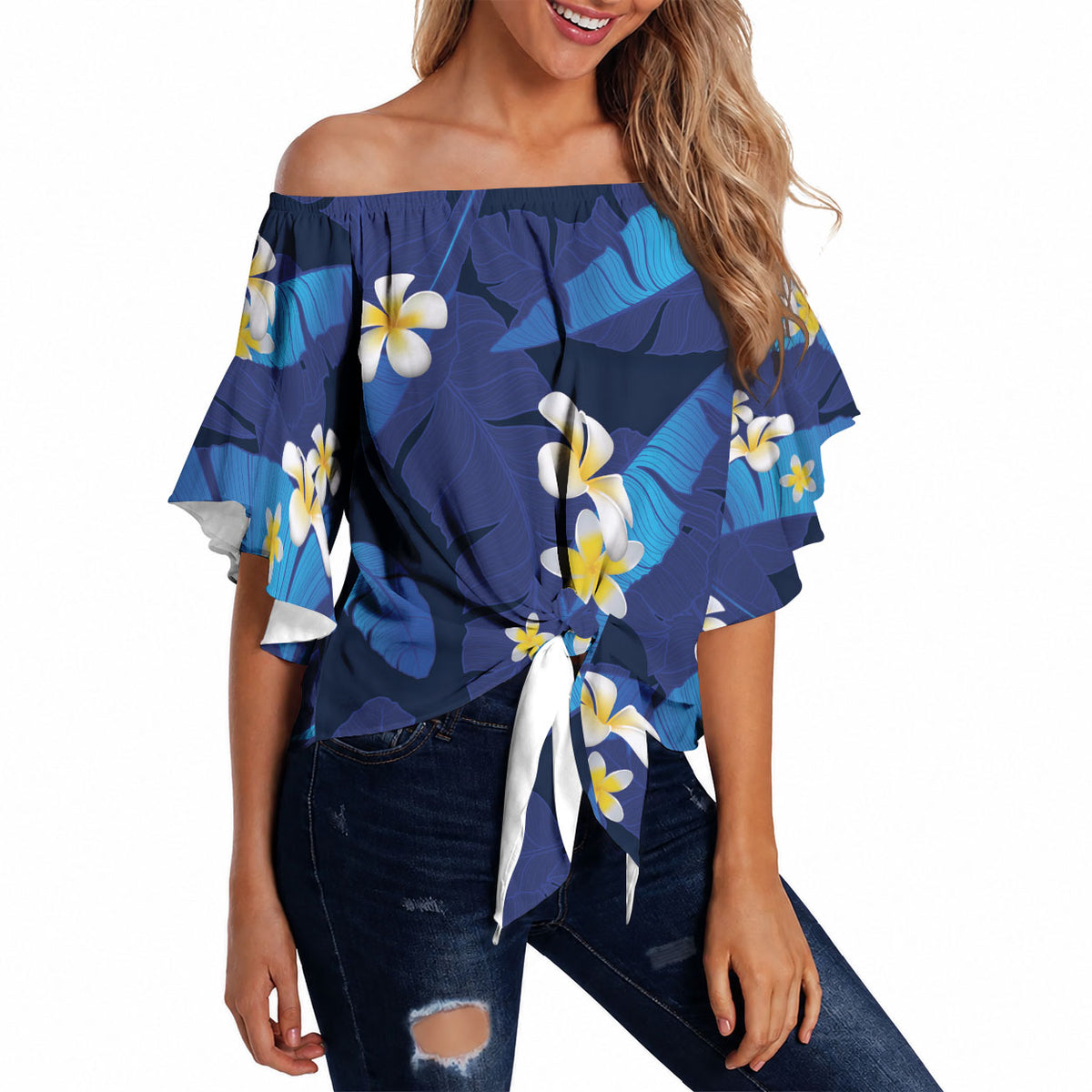 Teal Purple Banana Leaf Hawaii Off Shoulder Wrap Waist Top Lau Maia Plumeria Tropical Summer Vibes LT14 - Polynesian Pride