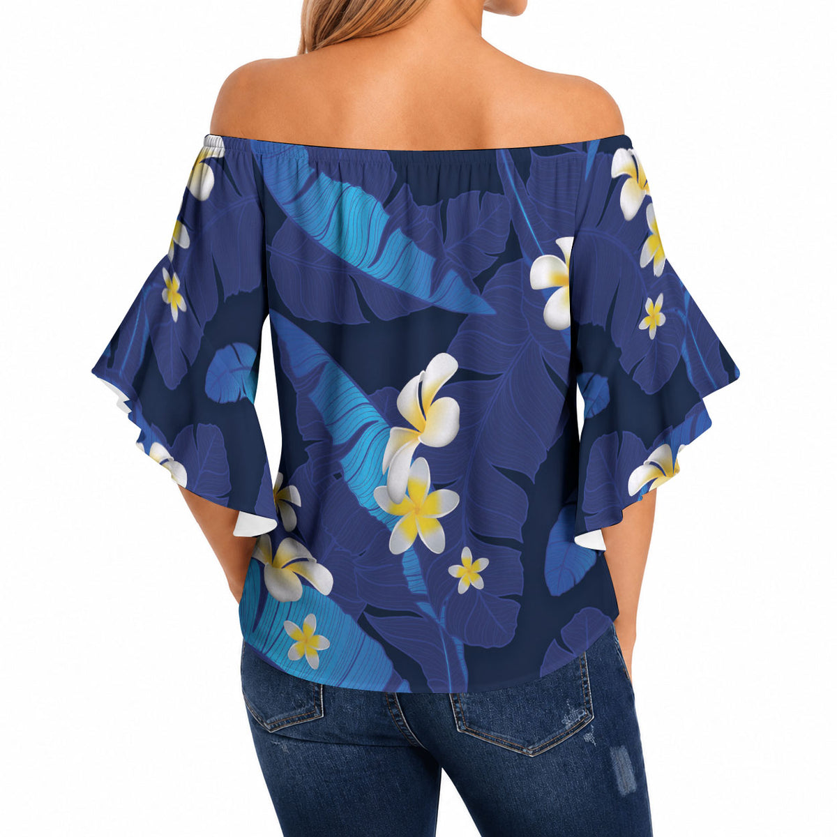 Teal Purple Banana Leaf Hawaii Off Shoulder Wrap Waist Top Lau Maia Plumeria Tropical Summer Vibes LT14 - Polynesian Pride